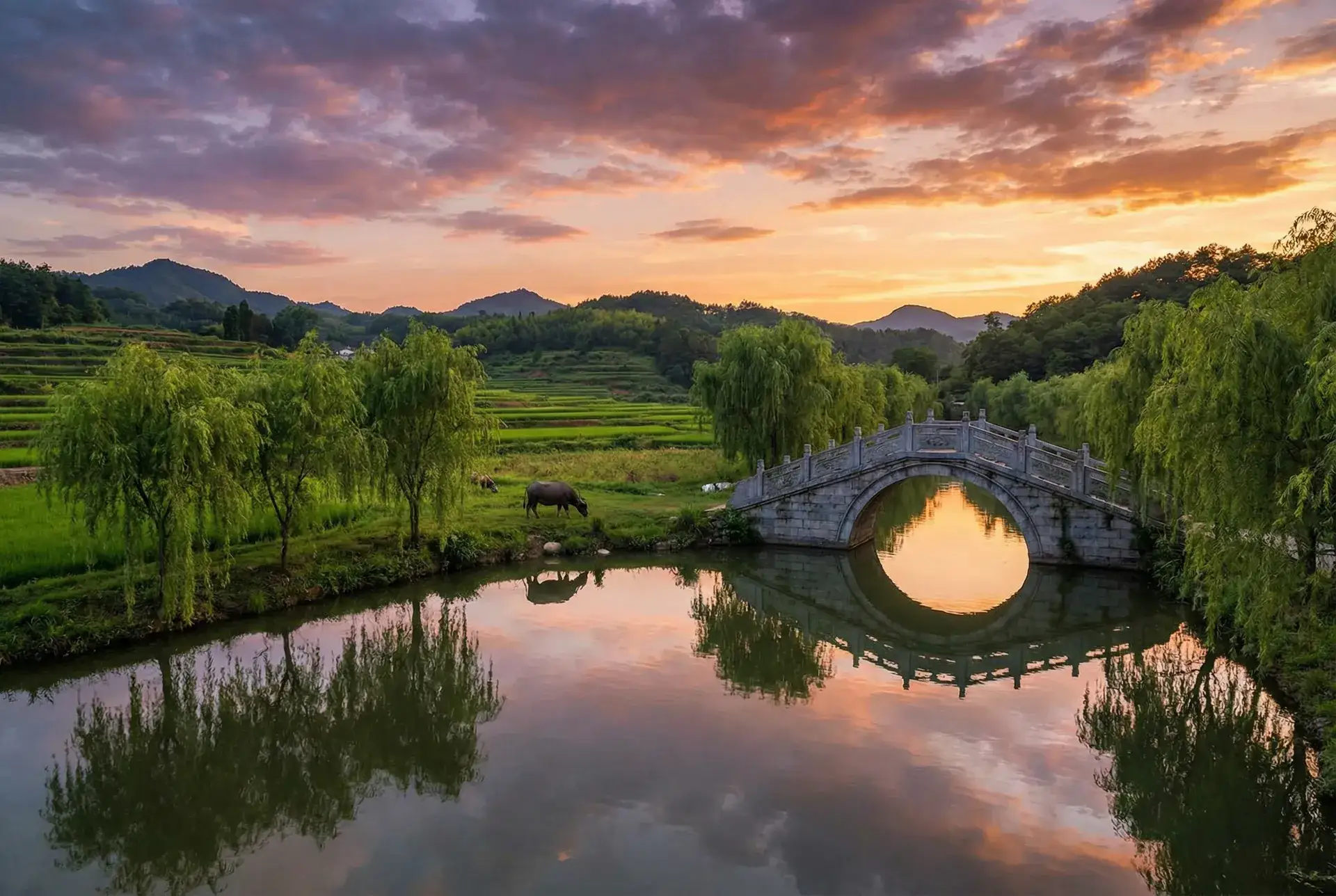 夕阳下的石拱桥与垂柳，水牛在河边吃草 - 凌晨三点看的片在线观看 乡村美景